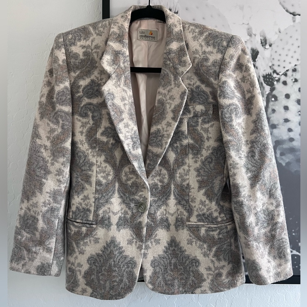 Vintage Liz Claiborne 100% Wool Damask Cream Gray Blazer size 2P